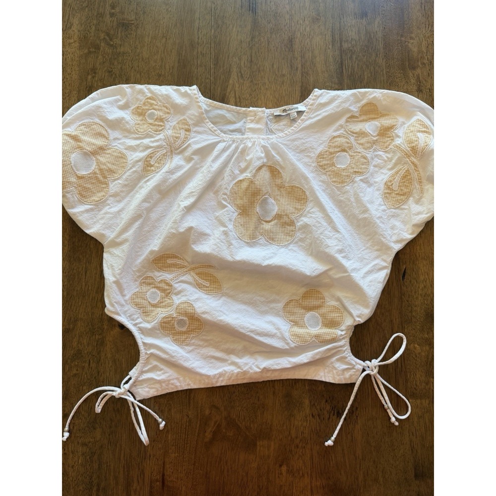 Madewell Gingham Floral Applique Puff Sleeve Drawstring Top White Yellow XXS